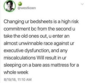 Tweet about changing bedsheets from @westkoen